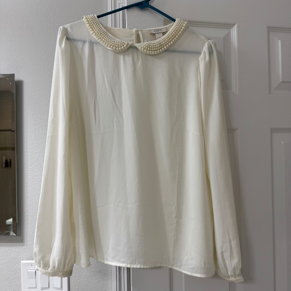 Ann Taylor Loft Cream Shirt with Beaded Collar - Size Large